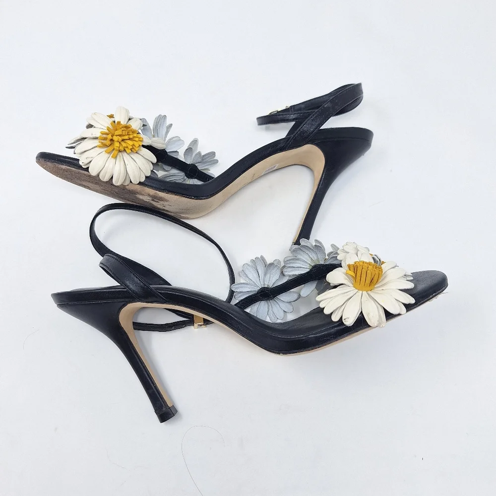 LARROUDÉ Fiore Daisy Appliqués Ankle Strap Sandals Stilletto Heel